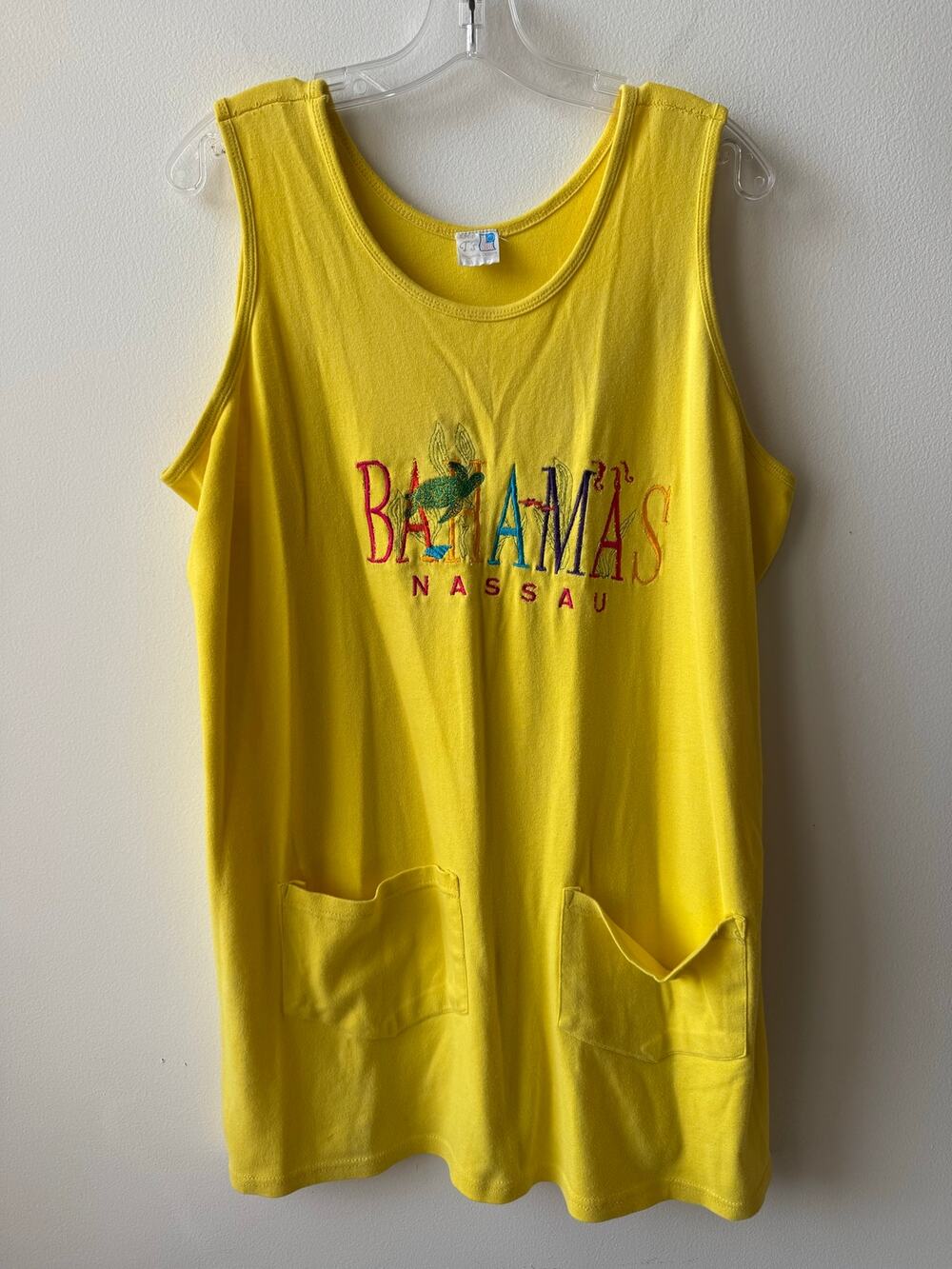 Vtg 90s Embroidered Yellow Oversized Tank Top Shirt Dress Beach Coverup Turtle L